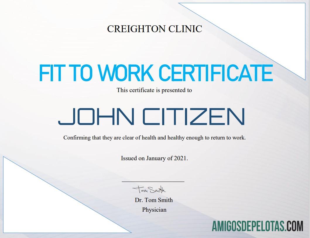 Certificado de aptidão para o trabalho dos EUA exemplo